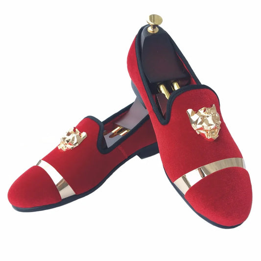 Men Red Velvet Loafers with Gold Accents