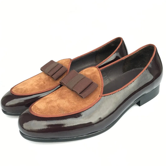 Handmade Men Brown Leather Loafers with Bowtie