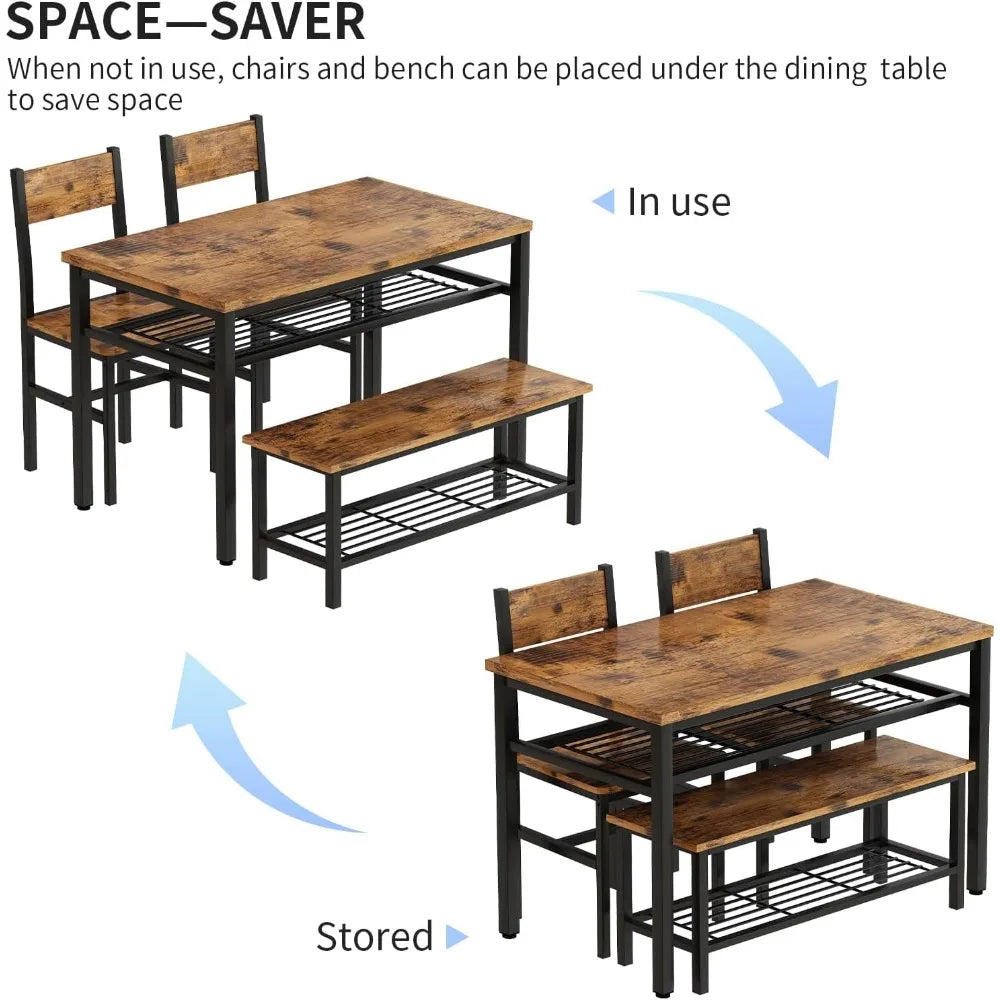 4 Pieces Dining Table Set Rustic Brown Free Shipping Metal Frame