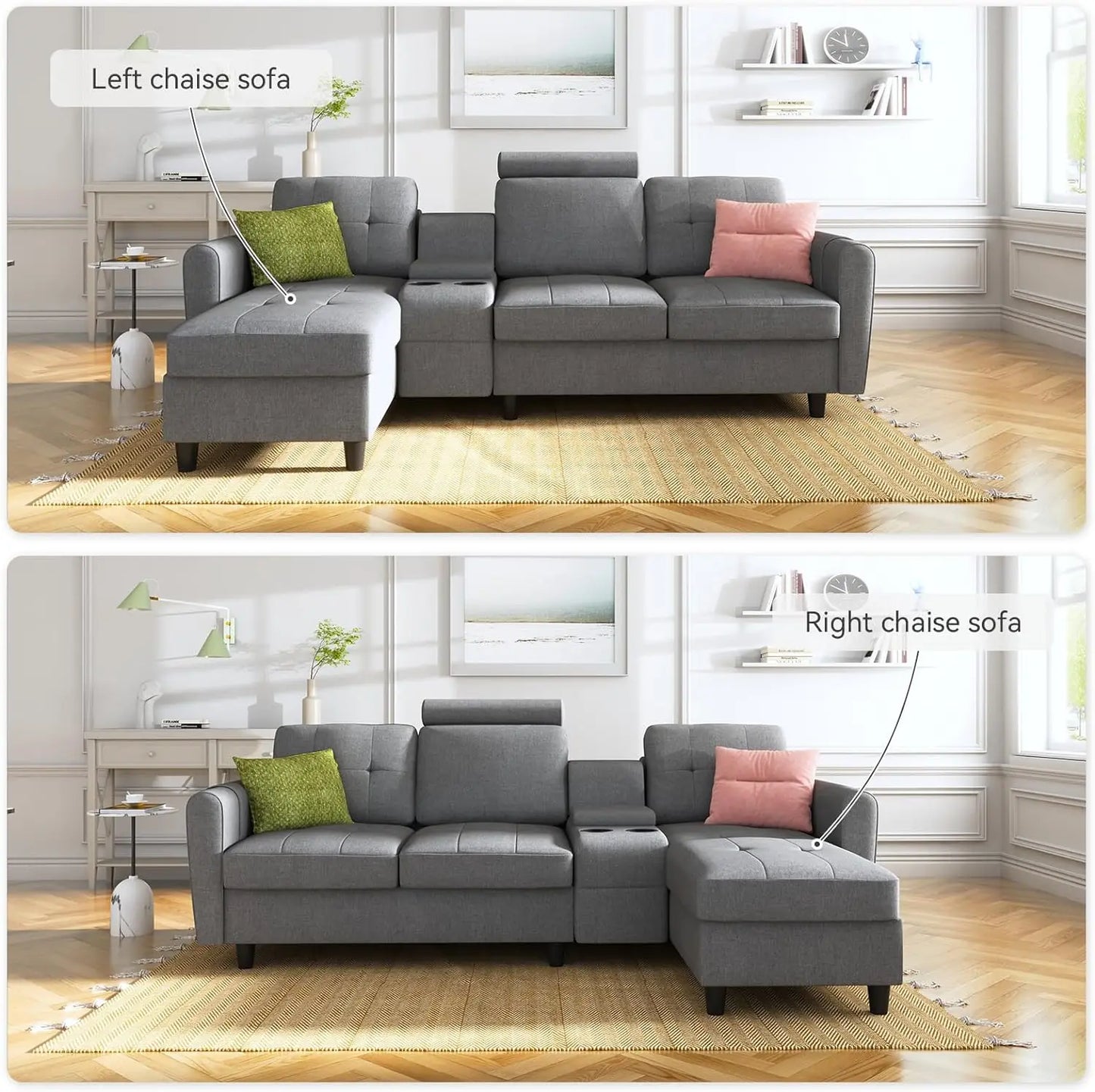 Convertible Sectional Couch L Shaped Sofa with Cup Holders, Modern Sectional Sofa 4-Seat Sofa with Reversible Chaise, Gray