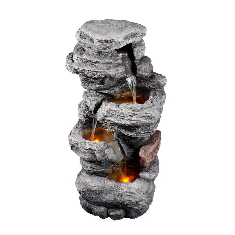 Outdoor Water Fountain with LED lights and cascading bowls and stacked stones