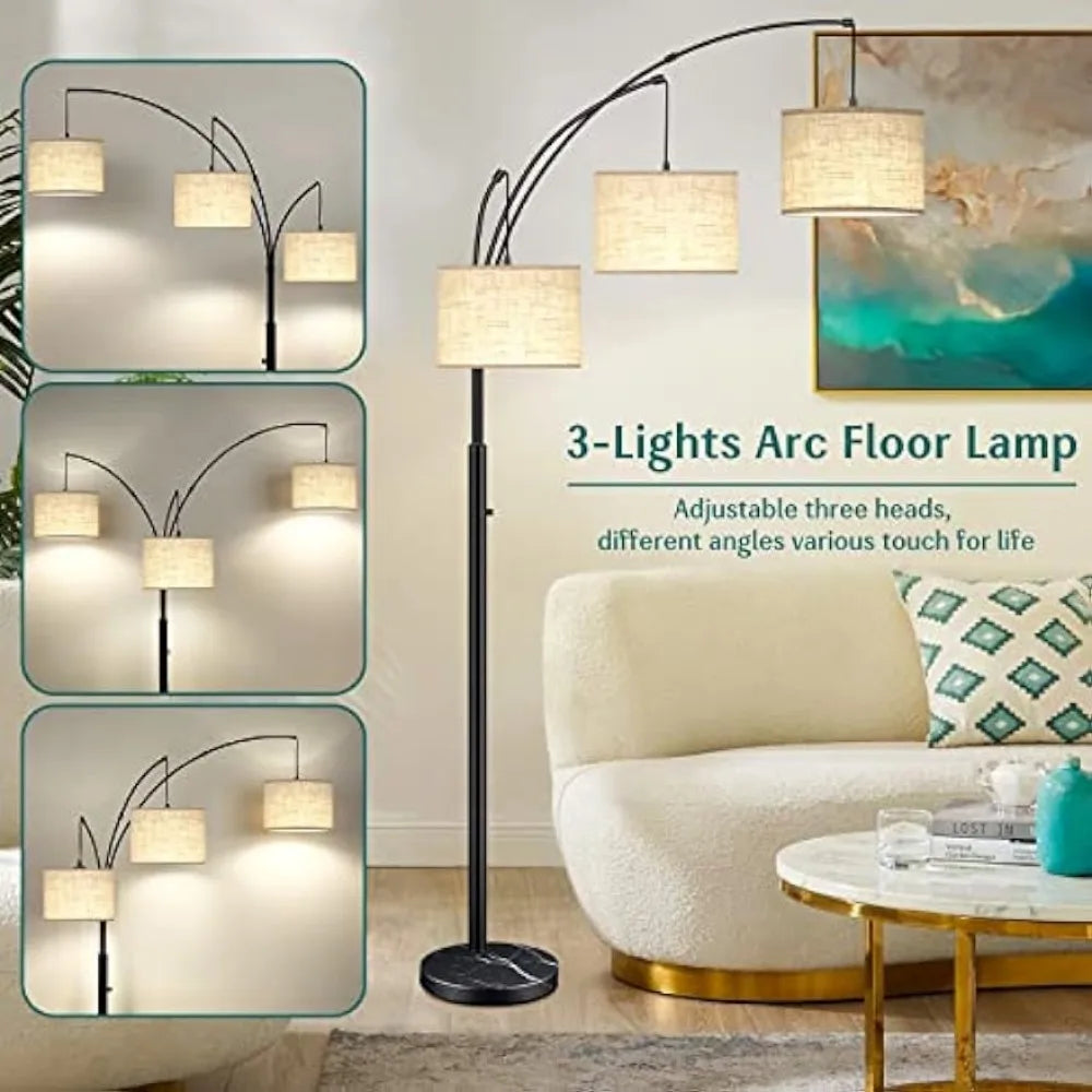 Modern Dimmable Floor Lamp with Adjustable Hanging Fabric Shades, 3-Light Arc, 3 LED Bulbs Included