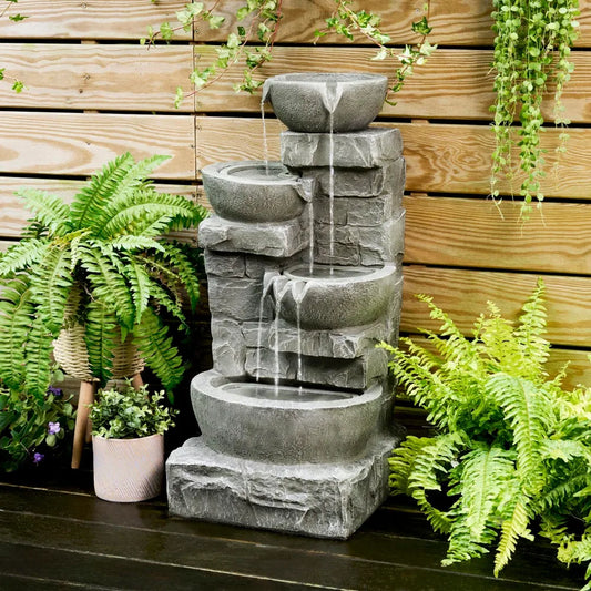 Outdoor Water Fountain with LED lights and cascading bowls and stacked stones
