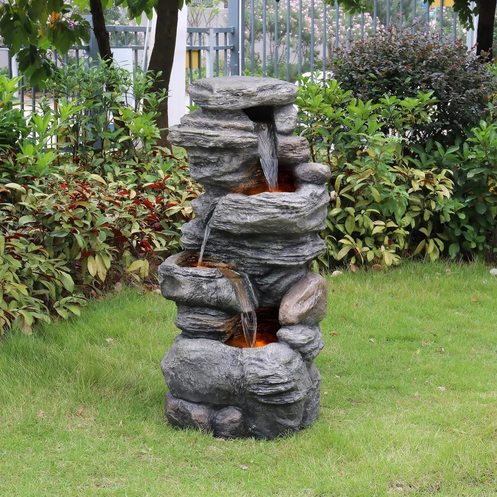 Outdoor Water Fountain with LED lights and cascading bowls and stacked stones