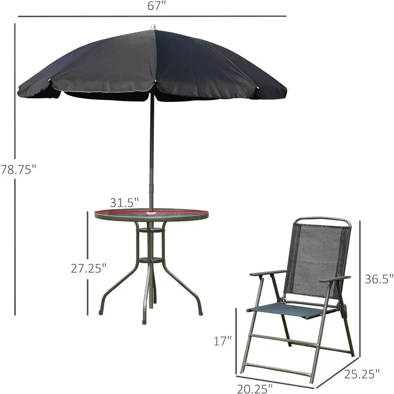 6 Piece Patio Dining Set for 4 Folding Chairs with Round Glass Table with Umbrella