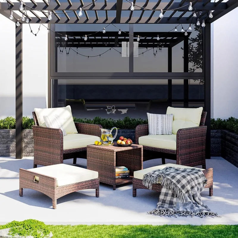 5 Pieces Wicker Patio Furniture Set, Chairs with Ottomans with coffee table (Beige)