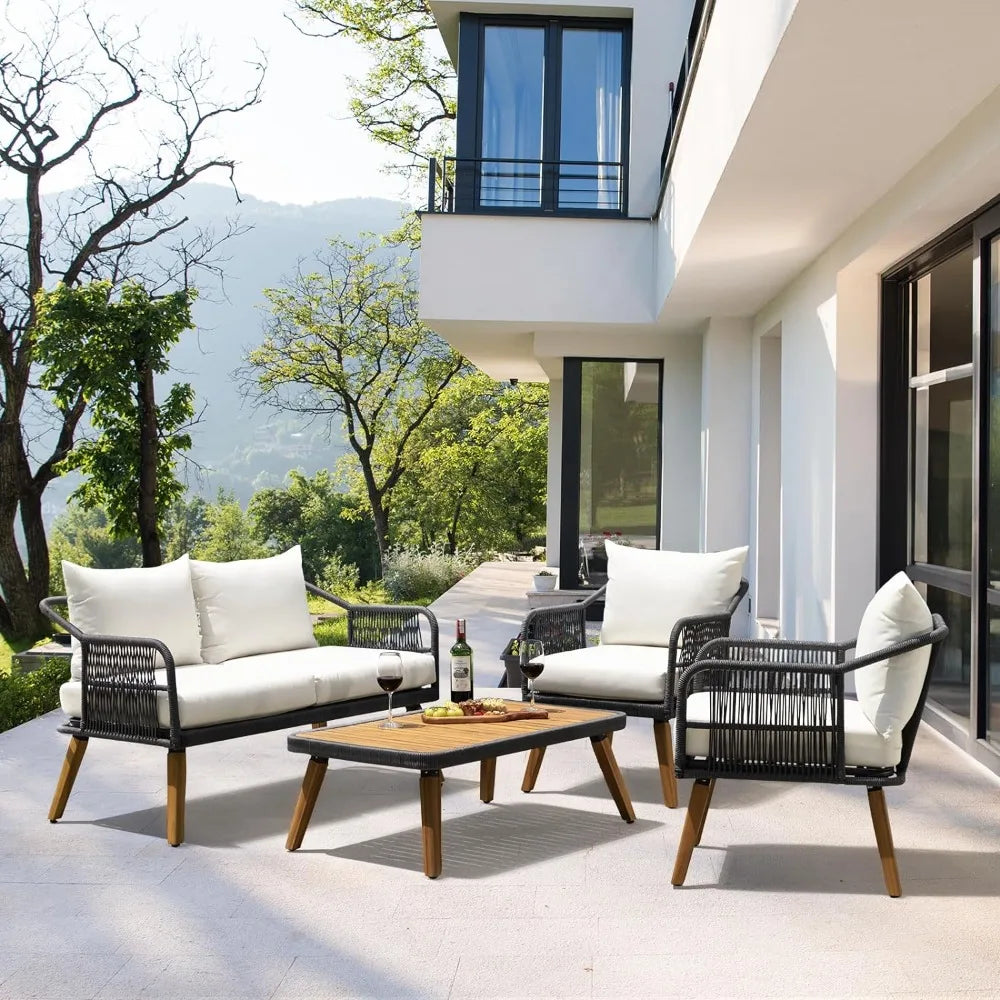 Outdoor Sofa Set of 4 with 3.9in Thick Soft Cushions, Modern Rope Patio Conversation Sets