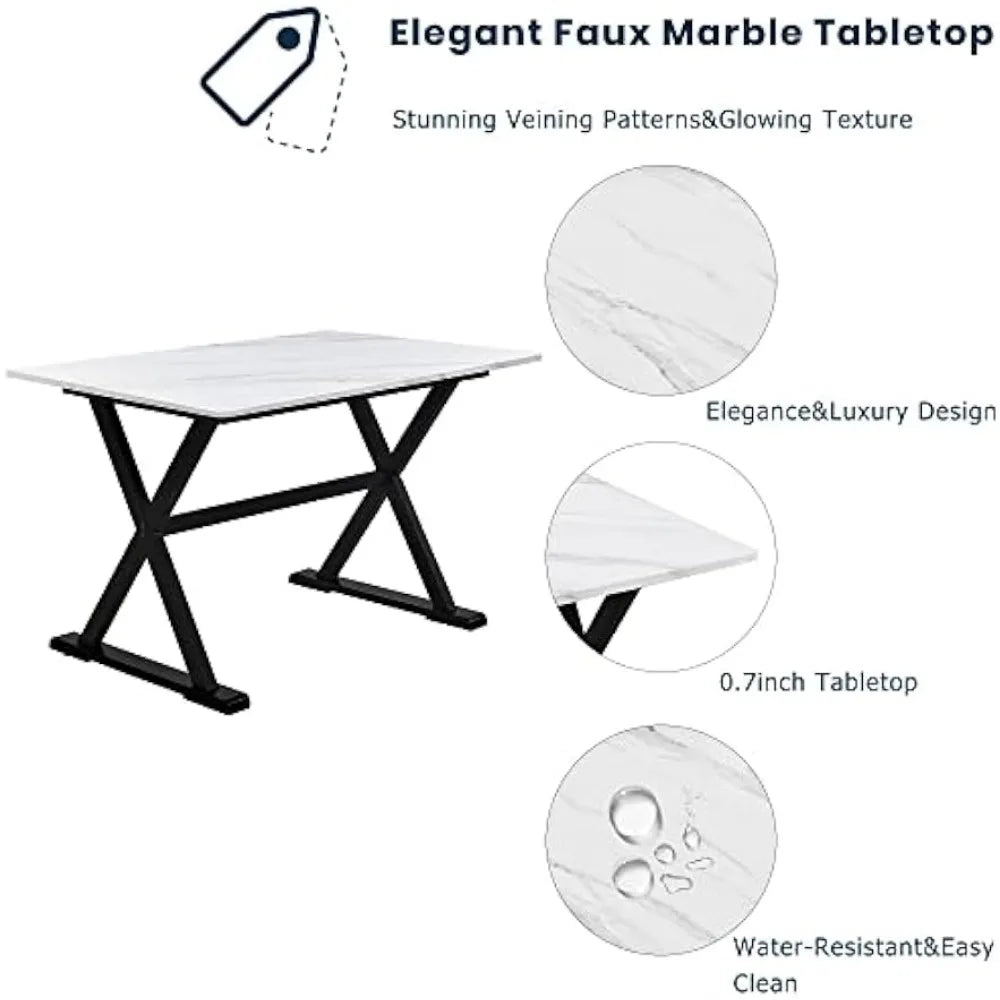 5 Pieces Dining Table Set With Faux Marble Tabletop and Upholstered Chairs White+Beige