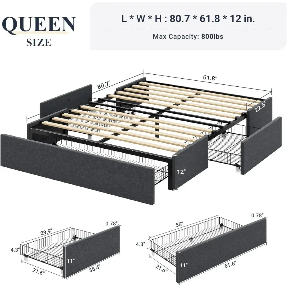 Dark Grey Fabric Upholestered Queen Bed Bases & Frames No Box Spring Needed Easy Assembly