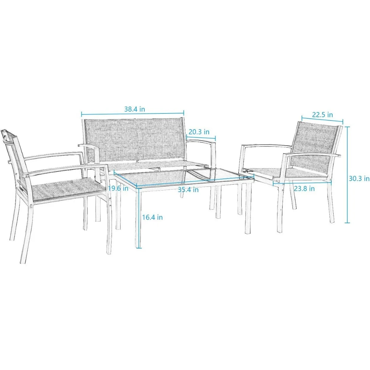 4 Piece Patio Bistro Set with Glass Coffee Table