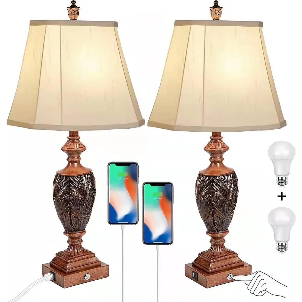 Vintage 2pcs Table Lamps With Dual USB Ports & Touch Control