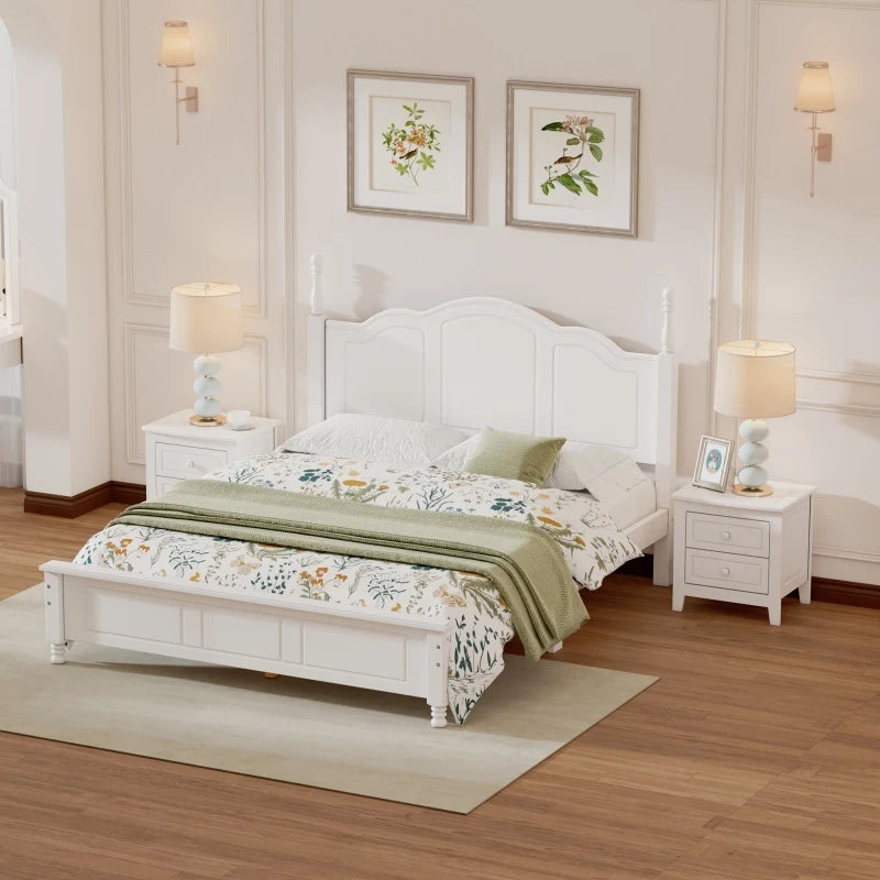 White 3-Pieces Bedroom Sets,Queen Size Wood Platform Bed and Two Nightstands