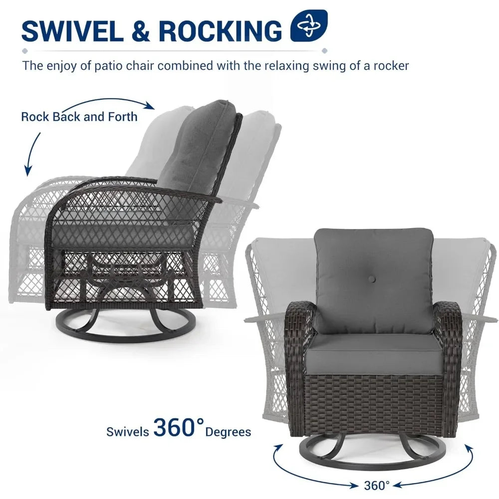 3 Pieces Patio Furniture Set, Swivel Gliders Rocker Thickened Cushions, Glass Top Side Table