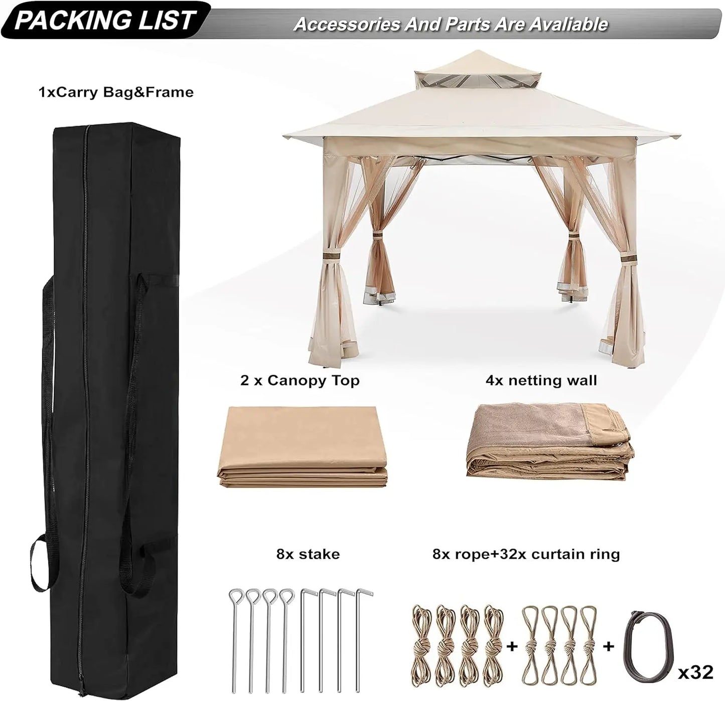 Outdoor Canopy Tent with Mosquito Netting for Patio Garden Backyard (Khaki)