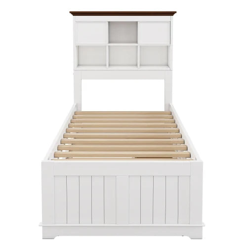 Captain Wooden Bedroom Set Twin Bed with Trundle and Nightstand,White+Walnut