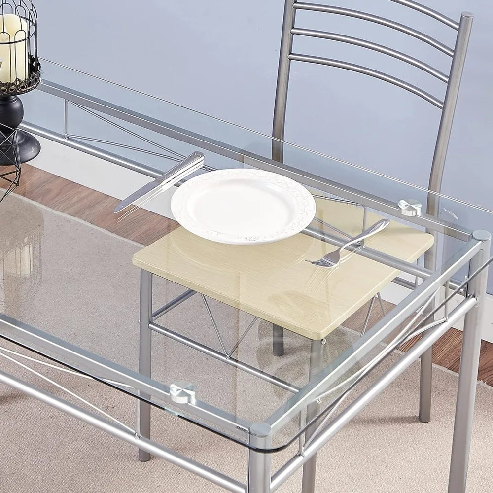 Dining Set 4 Chairs Dining Table with Silvery Glass Top Free Shipping