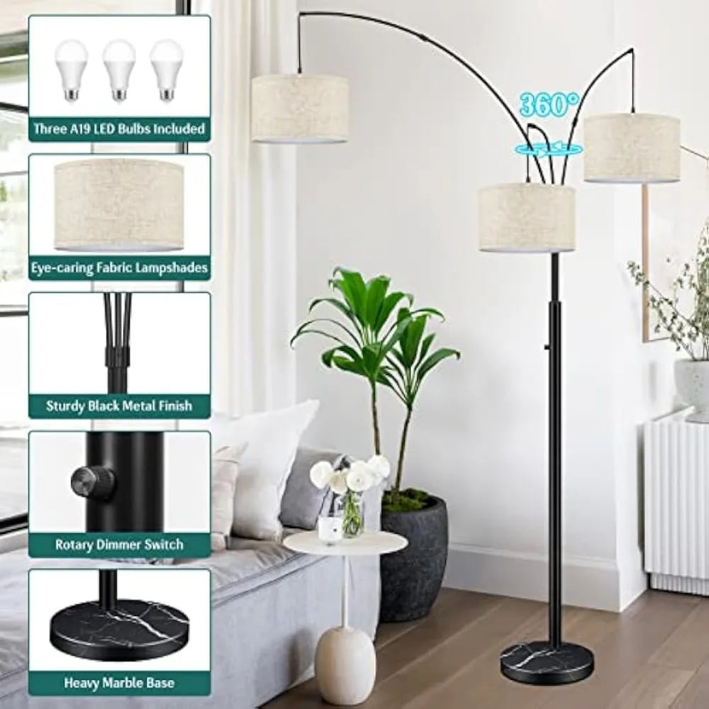 Modern Dimmable Floor Lamp with Adjustable Hanging Fabric Shades, 3-Light Arc, 3 LED Bulbs Included