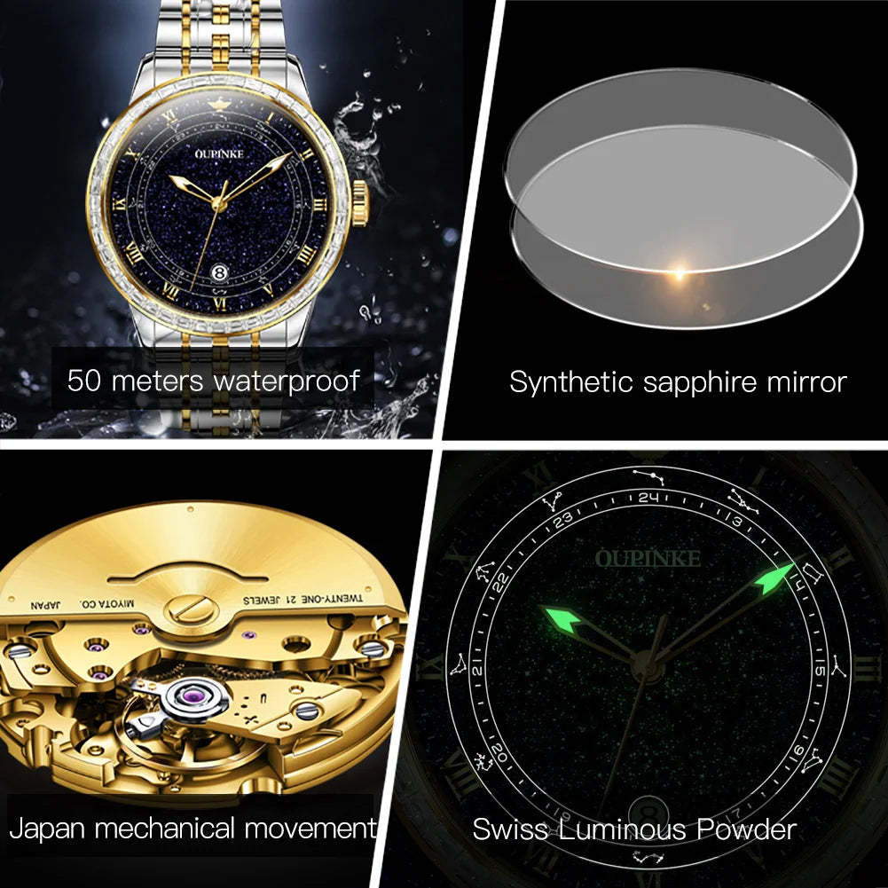 Luxury Diamond Mechanical Watch for Men Waterproof Luminous Sapphire Crystal