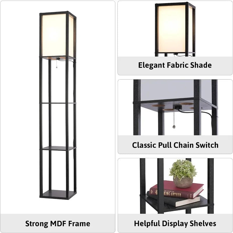 Etagere Floor Standing Lamp with 3 Storage Shelves and Fabric Shade, 62" Tall