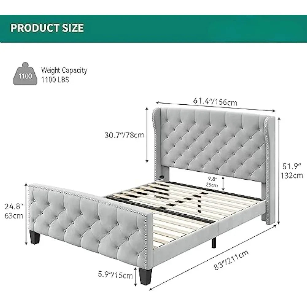 King Size Platform Bed With Grey Velvet Headboard & Footboard No Box Spring Needed