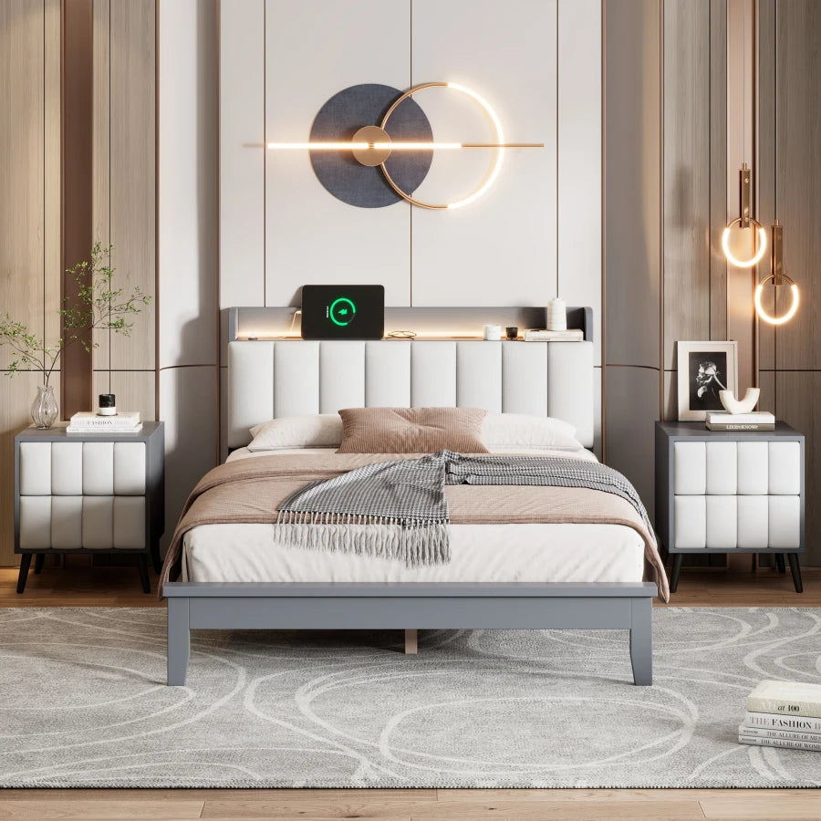 3-Pieces Bedroom Sets w/Full Size Wood Platform Bed & 2 Nightstands,Modern LED Storage Platform bed with USB Charging Station