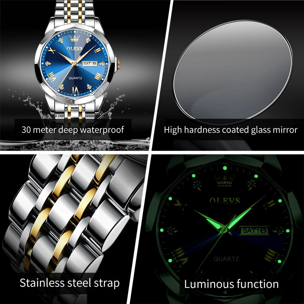 Men's Watches Rhombus Mirror Luminous Quartz Watch Stainless Steel Waterproof