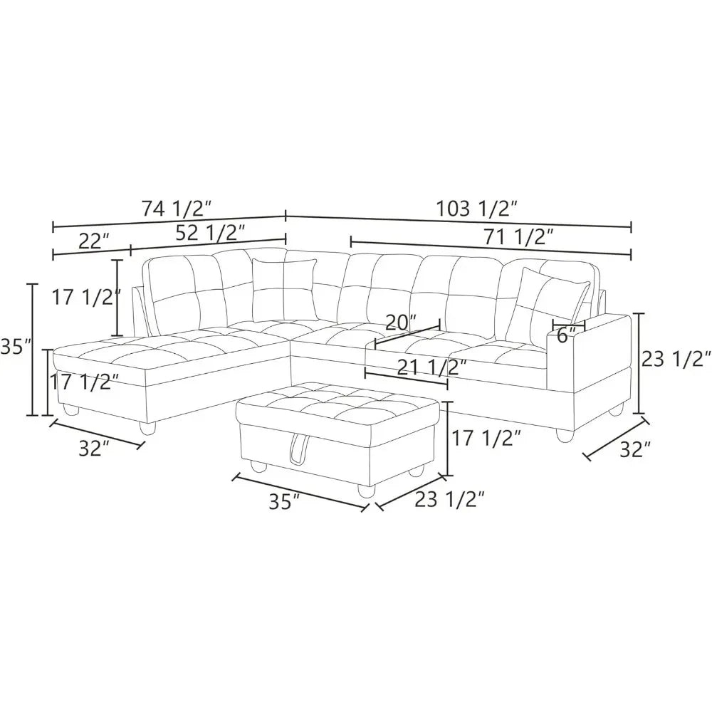 Large Leather Modern L Shaped Sectional Couches, Storage Chaise  2 Pillows