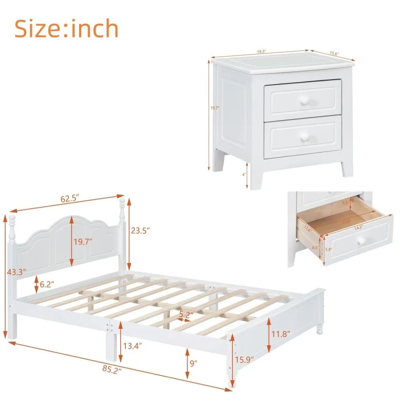 White 3-Pieces Bedroom Sets,Queen Size Wood Platform Bed and Two Nightstands