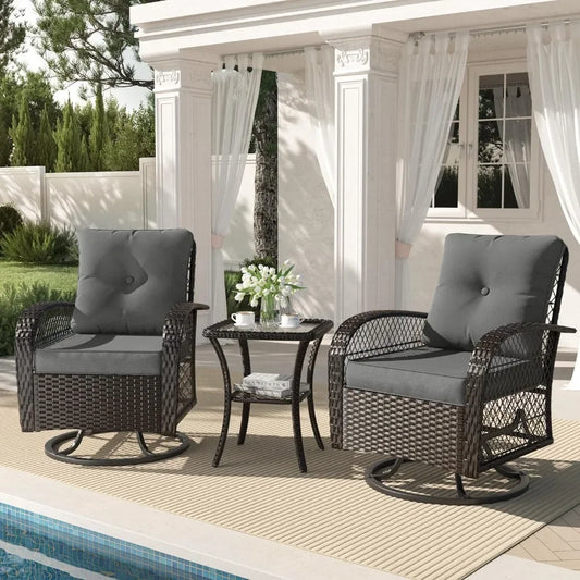 3 Pieces Patio Furniture Set, Swivel Gliders Rocker Thickened Cushions, Glass Top Side Table