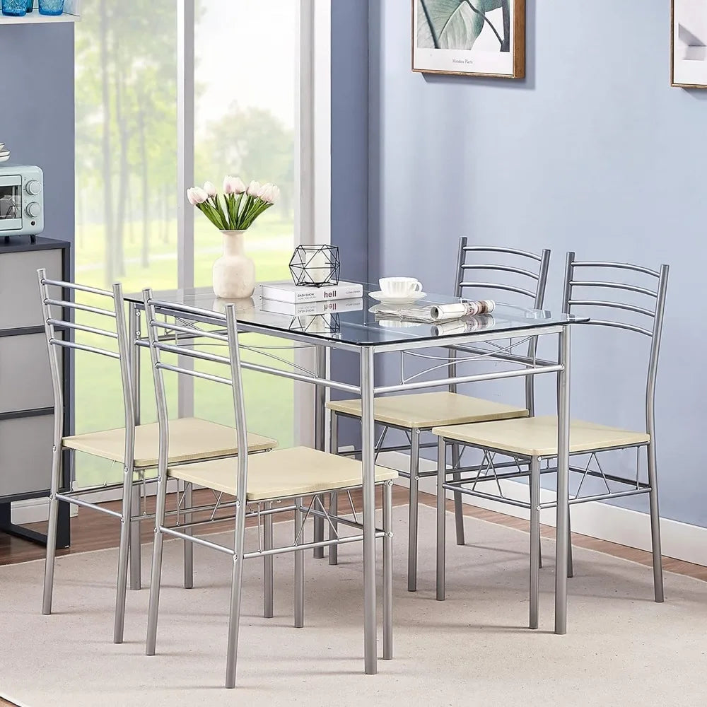 Dining Set 4 Chairs Dining Table with Silvery Glass Top Free Shipping