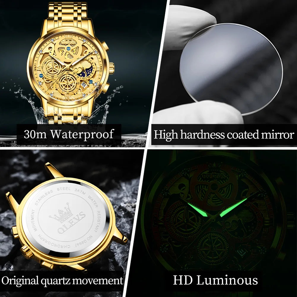 Men's Watches Waterproof Quartz Watch Gold Skeleton Style 24 Hour Day Night