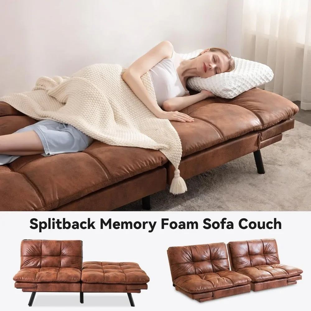 Convertible Futon Sofa Bed/Couch, Memory Foam Split back, Euro Lounger Sofa Brown