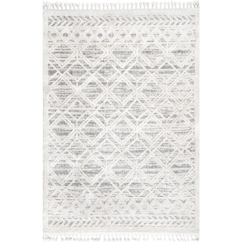 9x12 Beige Moroccan Lattice Tassel Area Rug