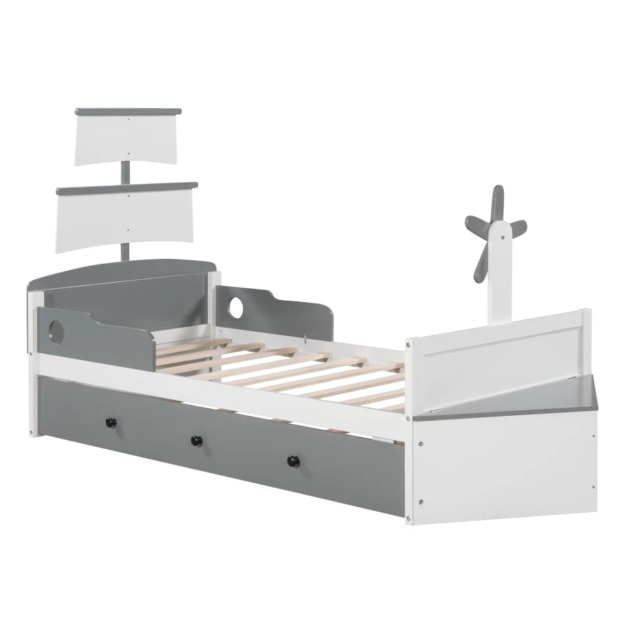 Twin Size Boat-Shaped Platform Bed with Trundle and Two Nightstands,White+Grayv