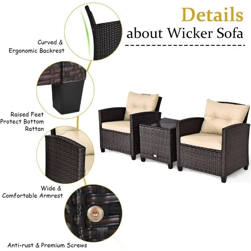 3 Pcs Wicker Outdoor Sofa Set w/Washable Cushion and Tempered Glass Tabletop