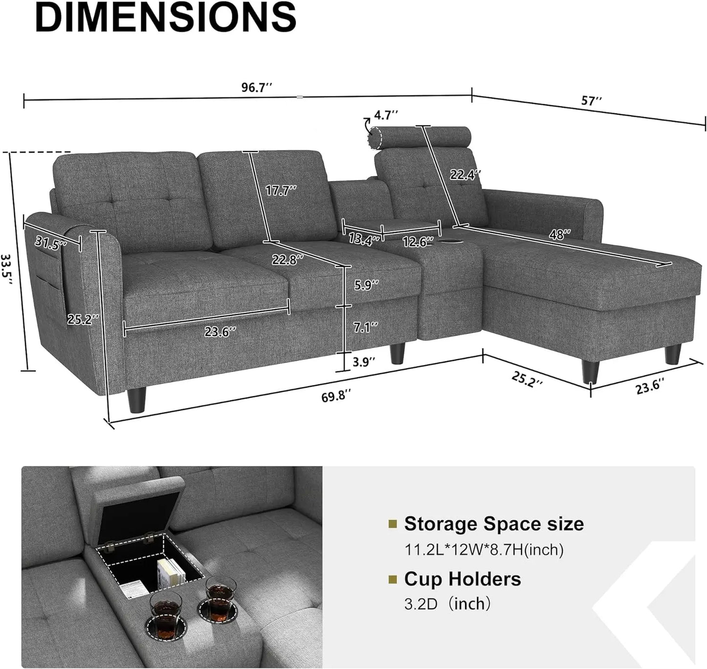 Convertible Sectional Couch L Shaped Sofa with Cup Holders