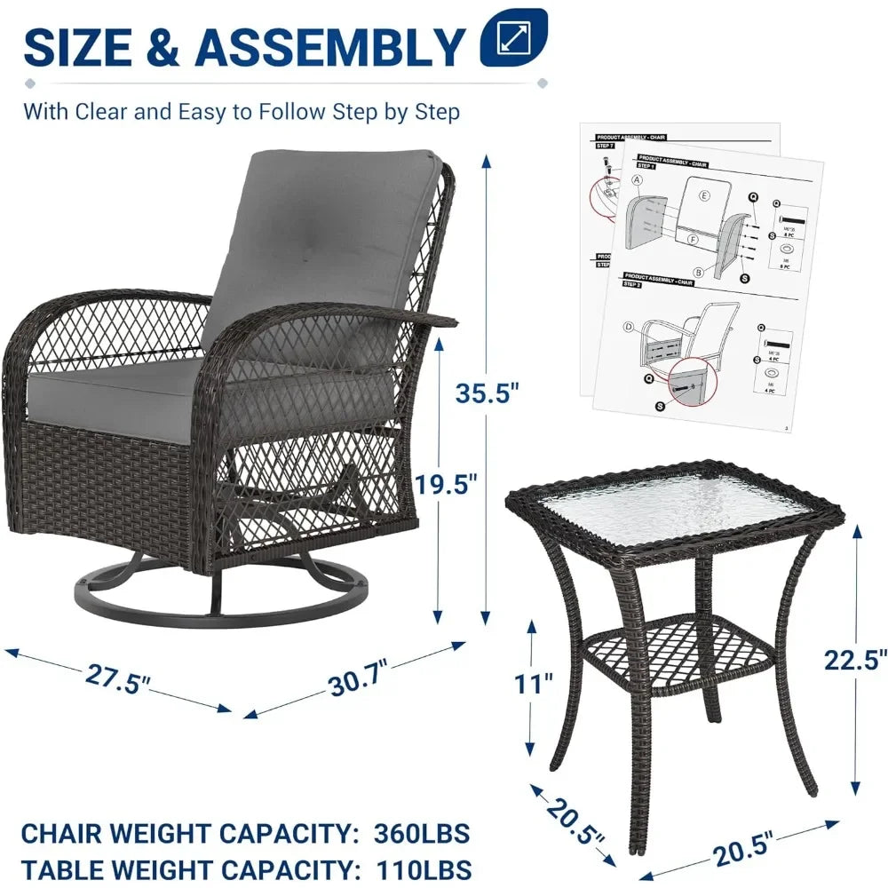 3 Pieces Patio Furniture Set, Swivel Gliders Rocker Thickened Cushions, Glass Top Side Table