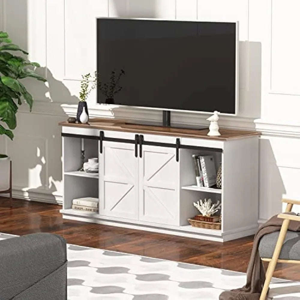 TV Stand Barn Doors and Storage Cabinets, 58 Inch, White