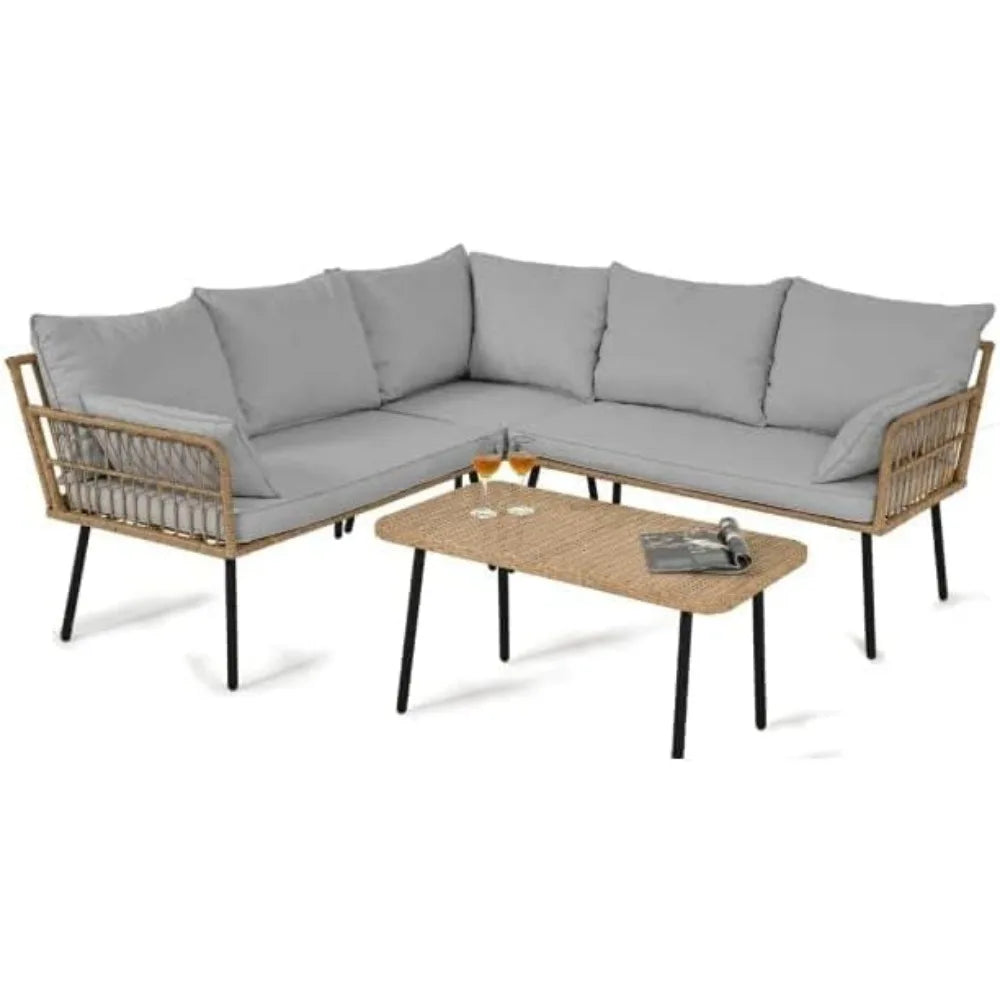 4 PCS Patio Furniture Set, Wicker L-Shaped Sofa with Side Table