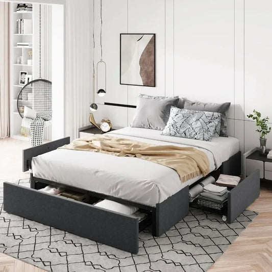 Dark Grey Fabric Upholestered Queen Bed Bases & Frames No Box Spring Needed Easy Assembly