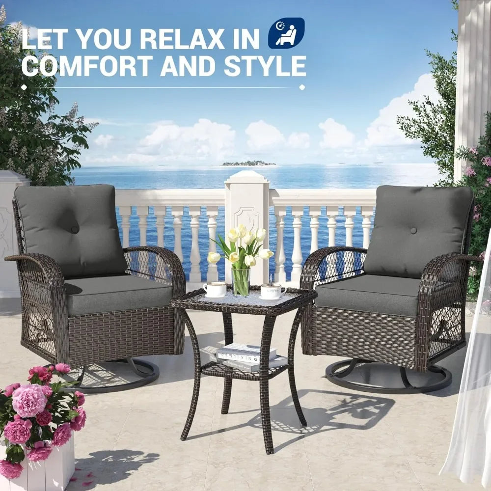 3 Pieces Patio Furniture Set, Swivel Gliders Rocker Thickened Cushions, Glass Top Side Table