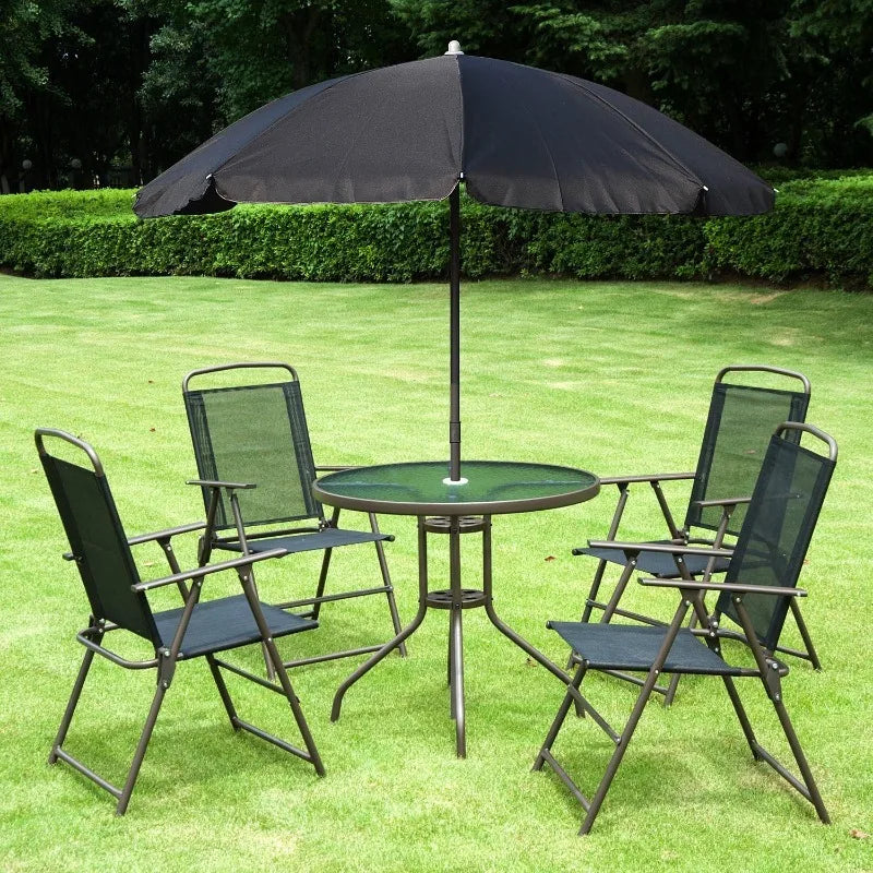 6 Piece Patio Dining Set for 4 Folding Chairs with Round Glass Table with Umbrella