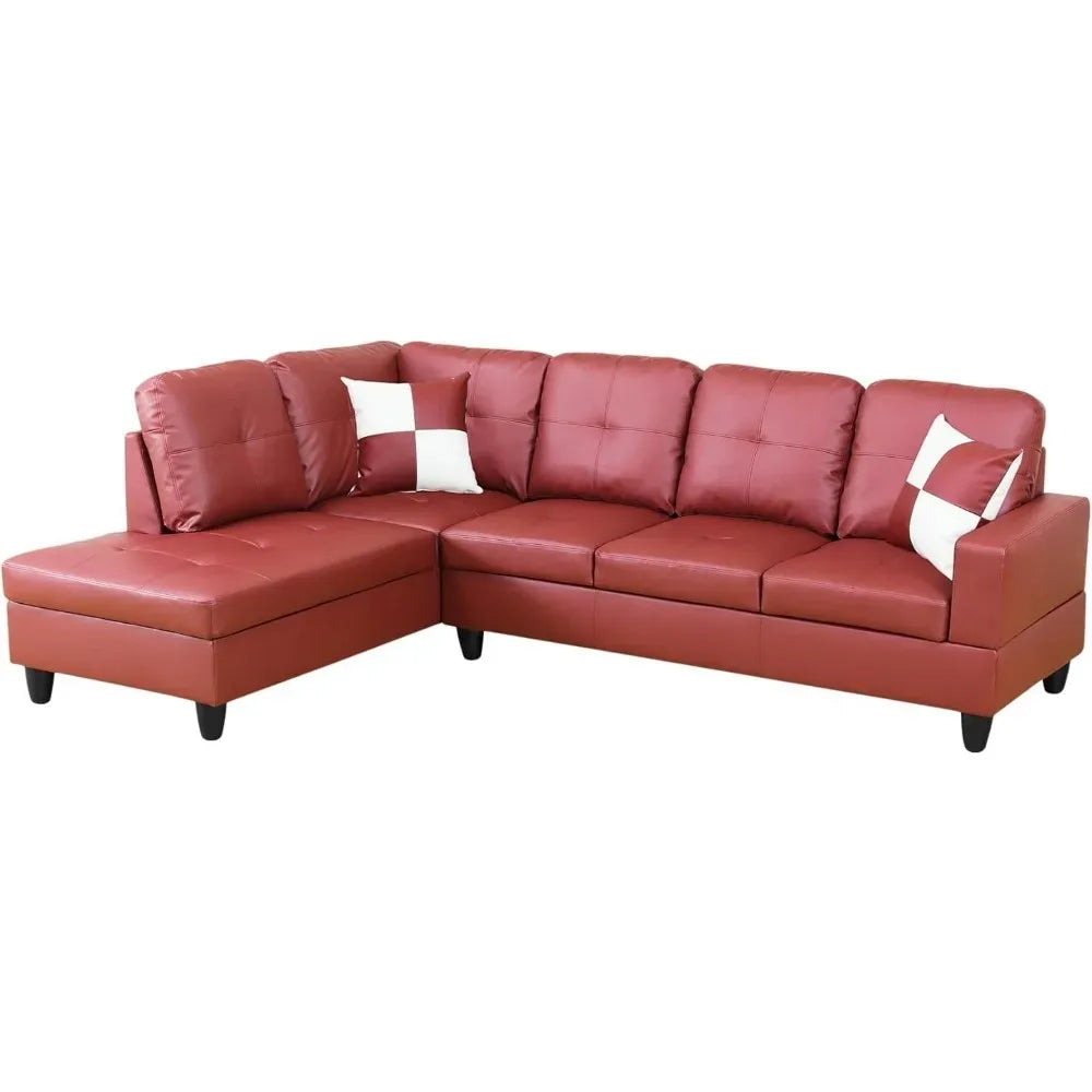 Large Leather Modern L Shaped Sectional Couches, Storage Chaise  2 Pillows