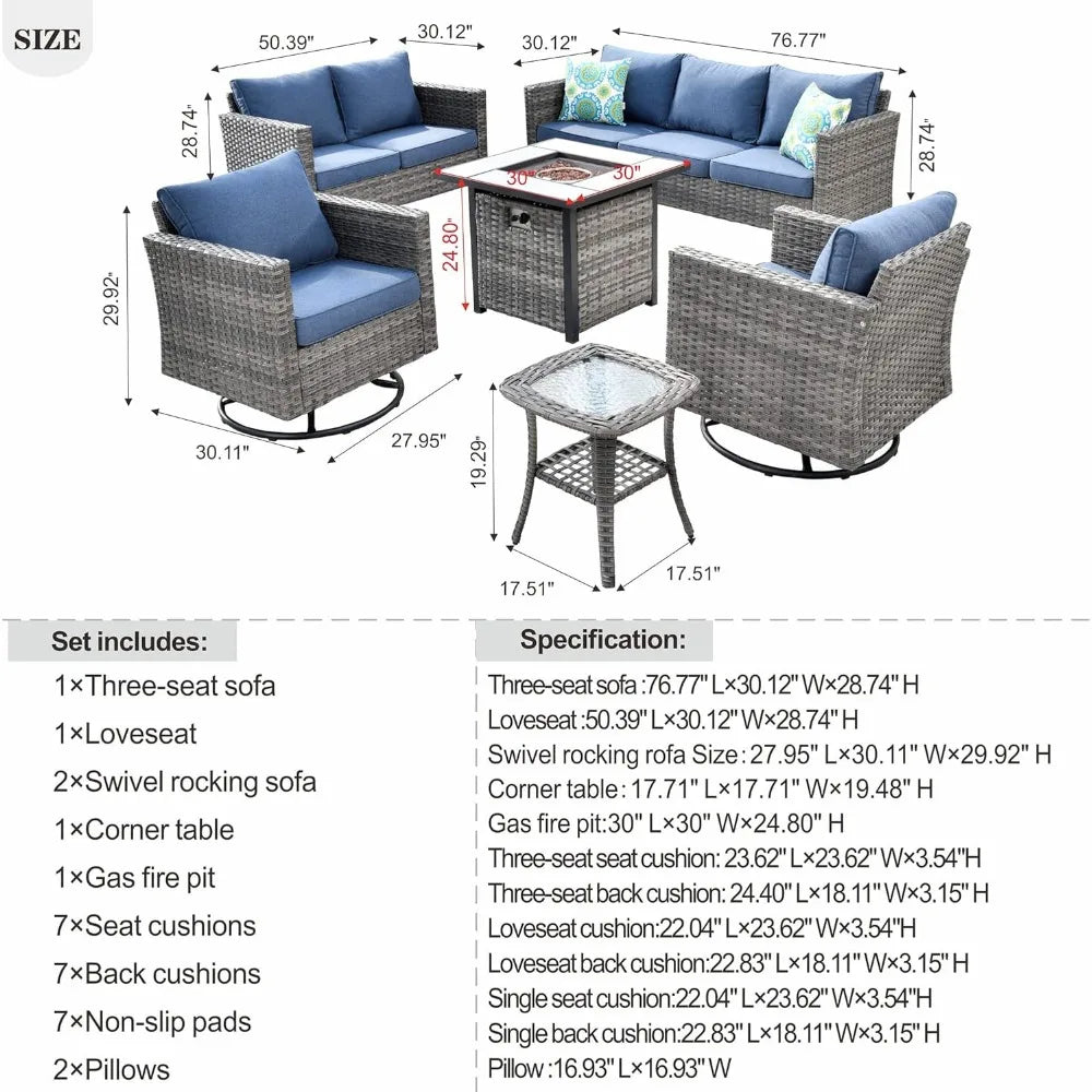 Patio Sofa and Love Seat for7 with Rocking Swivel Chairs Square Fire Pit Table