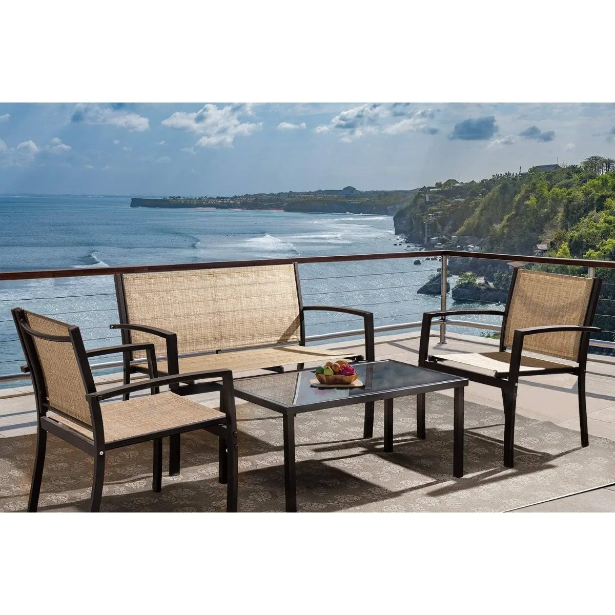 4 Piece Patio Bistro Set with Glass Coffee Table