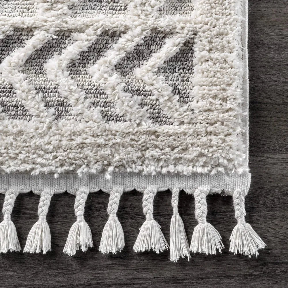 9x12 Beige Moroccan Lattice Tassel Area Rug