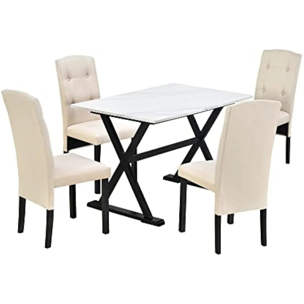 5 Pieces Dining Table Set With Faux Marble Tabletop and Upholstered Chairs White+Beige