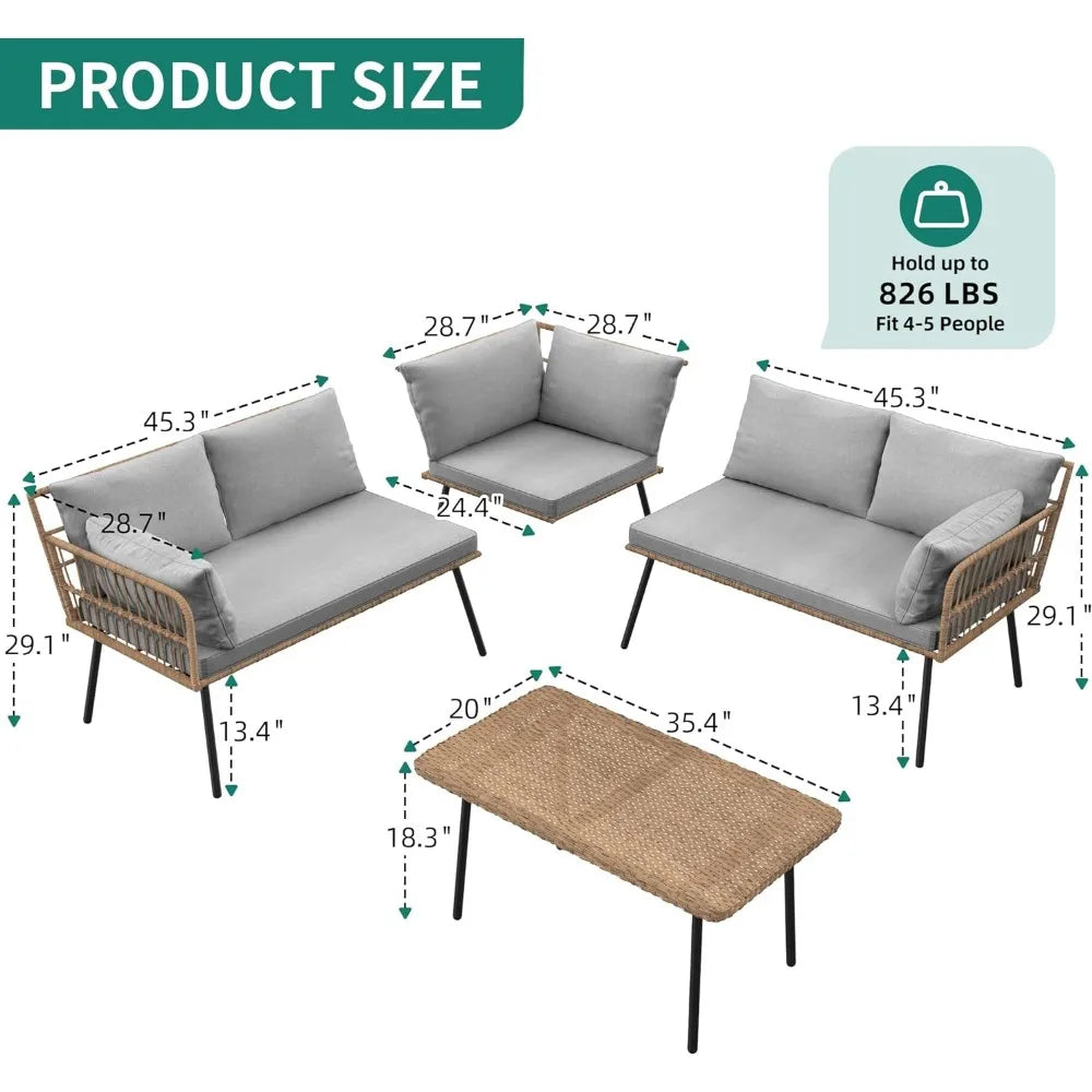 4 PCS Patio Furniture Set, Wicker L-Shaped Sofa with Side Table
