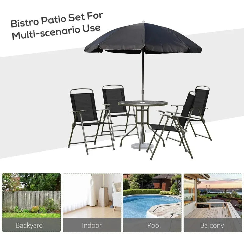 6 Piece Patio Dining Set for 4 Folding Chairs with Round Glass Table with Umbrella