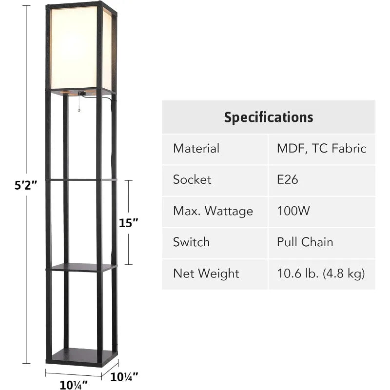 Etagere Floor Standing Lamp with 3 Storage Shelves and Fabric Shade, 62" Tall